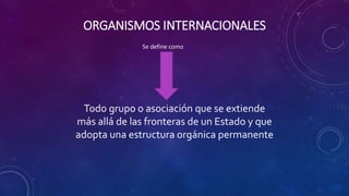 ORGANISMOS INTERNACIONALES
Todo grupo o asociación que se extiende
más allá de las fronteras de un Estado y que
adopta una estructura orgánica permanente
Se define como
 