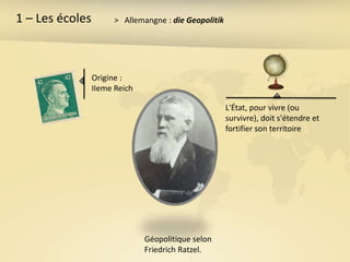 1 – Les écoles         > Allemangne : die Geopolitik




                 Origine :
                 IIeme Reich

                                                       L'État, pour vivre (ou
                                                       survivre), doit s'étendre et
                                                       fortifier son territoire




                               Géopolitique selon
                               Friedrich Ratzel.
 