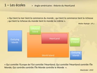 1 – Les écoles               > Anglo-américaine : théorie du HeartLand




   « Qui tient la mer tient le commerce du monde ; qui tient le commerce tient la richesse
   ; qui tient la richesse du monde tient le monde lui-même ».
                                                                              Walter Raleigh- 14e.s

                            Offshore
                             Island


      OutLying                                 HeartLand               Offshor
       Islands                                                         e Island



                                                                       OutLying
                                       World Island                     Islands


« Qui contrôle l'Europe de l'Est contrôle l'Heartland; Qui contrôle l'Heartland contrôle l'Île
Monde; Qui contrôle contrôle l'Île Monde contrôle le Monde ».
                                                                                  Mackinder -1919
 