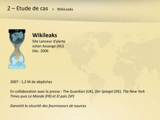 2 – Etude de cas            > WikiLeaks




              Wikileaks
              Site Lanceur d’alerte
              Julian Assange (AU)
              Déc. 2006




 2007 : 1,2 M de dépêches

 En collaboration avec la presse : The Guardian (UK), Der Spiegel (DE), The New York
 Times puis Le Monde (FR) et El paìs (SP)

 Garantit la sécurité des fournisseurs de sources
 