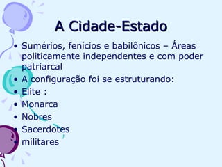 A Cidade-Estado Sumérios, fenícios e babilônicos – Áreas politicamente independentes e com poder patriarcal A configuração foi se estruturando: Elite : Monarca Nobres Sacerdotes militares 
