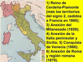 1) Reino de
                                 Cerdeña-Piamonte
            Unificación Italiana (II)
                                 (más los territorios
                         Fasesdel signo 2, cedidos
•   1859-60:                     a Francia en 1860);
     – Victor Manuel incorpora Lombardia y Ducados
                                 3) Anexión del
       Centrales                 Milanesado (1859);
     – Garibaldi conquista el Reino de las Dos de la
                                 4) Anexión Sicilias
•   1861: Se forma el Reino Italia peninsular y
                                 de Italia
•   1866: Anexión del Véneto     Sicilia; 5) Conquista
•                                de Venecia (1866);
    1870: Anexión de los Estados Pontificios
                                 6) Anexión de Roma
                                 y región romana
                                 (1870).
 