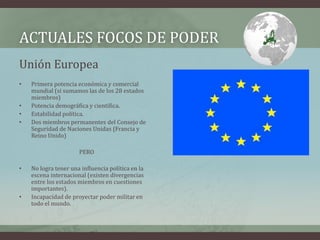 ACTUALES FOCOS DE PODER 
Unión Europea 
• Primera potencia económica y comercial 
mundial (si sumamos las de los 28 estados 
miembros) 
• Potencia demográfica y científica. 
• Estabilidad política. 
• Dos miembros permanentes del Consejo de 
Seguridad de Naciones Unidas (Francia y 
Reino Unido) 
PERO 
• No logra tener una influencia política en la 
escena internacional (existen divergencias 
entre los estados miembros en cuestiones 
importantes). 
• Incapacidad de proyectar poder militar en 
todo el mundo. 
 