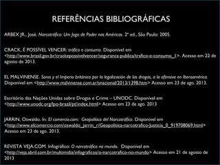 REFERÊNCIAS BIBLIOGRÁFICAS
ARBEX JR., José. Narcotráfico: Um Jogo de Poder nas Américas. 2ª ed., São Paulo: 2005.
CRACK, É POSSÍVEL VENCER: tráfico e consumo. Disponível em
<http://www.brasil.gov.br/crackepossivelvencer/seguranca-publica/trafico-e-consumo_1>. Acesso em 22 de
agosto de 2013.
EL MALVINENSE. Soros y el Imperio británico por la legalización de las drogas, a la ofensiva en Iberoamérica.
Disponível em <http://www.malvinense.com.ar/snacional/2013/1398.htm> Acesso em 23 de ago. 2013.
Escritório das Nações Unidas sobre Drogas e Crime – UNODC. Disponível em
<http://www.unodc.org/lpo-brazil/pt/index.html> Acesso em 23 de ago. 2013
JARRIN, Oswaldo. In: El comercio.com: Geopolítica del Narcotráfico. Disponível em
<http://www.elcomercio.com/oswaldo_jarrin_r/Geopolitica-narcotrafico-Justicia_0_919708069.html>
Acesso em 23 de ago. 2013.
REVISTA VEJA.COM. Infográfico: O narcotráfico no mundo. Disponível em
<http://veja.abril.com.br/multimidia/infograficos/o-narcotrafico-no-mundo> Acesso em 21 de agosto de
2013
 
