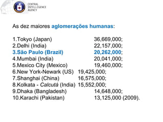 As dez maiores aglomerações humanas: 
1.Tokyo (Japan) 36,669,000; 
2.Delhi (India) 22,157,000; 
3.São Paulo (Brazil) 20,262,000; 
4.Mumbai (India) 20,041,000; 
5.Mexico City (Mexico) 19,460,000; 
6.New York-Newark (US) 19,425,000; 
7.Shanghai (China) 16,575,000; 
8.Kolkata - Calcutá (India) 15,552,000; 
9.Dhaka (Bangladesh) 14,648,000; 
10.Karachi (Pakistan) 13,125,000 (2009). 
 