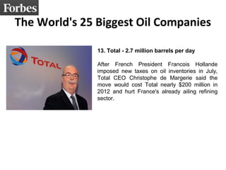 The World's 25 Biggest Oil Companies 
13. Total - 2.7 million barrels per day 
After French President Francois Hollande 
imposed new taxes on oil inventories in July, 
Total CEO Christophe de Margerie said the 
move would cost Total nearly $200 million in 
2012 and hurt France's already ailing refining 
sector. 
 
