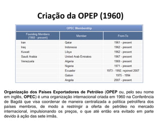 Criação da OPEP (1960)
Organização dos Países Exportadores de Petróleo (OPEP ou, pelo seu nome
em inglês, OPEC) é uma organização internacional criada em 1960 na Conferência
de Bagdá que visa coordenar de maneira centralizada a política petrolífera dos
países membros, de modo a restringir a oferta de petróleo no mercado
internacional, impulsionando os preços, o que até então era evitado em parte
devido à ação das sete irmãs.
 