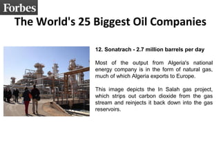 The World's 25 Biggest Oil Companies
12. Sonatrach - 2.7 million barrels per day
Most of the output from Algeria's national
energy company is in the form of natural gas,
much of which Algeria exports to Europe.
This image depicts the In Salah gas project,
which strips out carbon dioxide from the gas
stream and reinjects it back down into the gas
reservoirs.
 