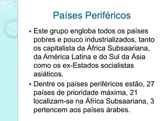 Países Periféricos
 Este grupo engloba todos os países
  pobres e pouco industrializados, tanto
  os capitalista da África Subsaariana,
  da América Latina e do Sul da Ásia
  como os ex-Estados socialistas
  asiáticos.
 Dentre os países periféricos estão, 27
  países de prioridade máxima, 21
  localizam-se na África Subsaariana, 3
  pertencem aos países árabes.
 
