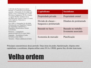 Velha ordem
Capitalismo Socialismo
Propriedade privada Propriedade estatal
Divisão de classes –
burguesia e proletariado
Ditadura do proletariado
Baseado no lucro Baseado no trabalho
livremente associado
Economia de mercado Planificação
A divisão da Europa teve inicio
durante a Conferencia de Potsdam,
quando a Alemanha foi dividida em
quatro zonas controladas por União
Soviética, Inglaterra, EUA e França.
A capital Berlim também ficou
dividida entre russos a leste e a oeste
entre ingleses, franceses e
americanos.
Em 1949, a Alemanha foi dividida
oficialmente em Republica Federal
da Alemanha (capitalista) e
Republica Democrática Alemã
(socialista).
Primeiro – Capitalistas
desenvolvidos (EUA como líder)
Segundo – Socialistas (União
Soviética como líder)
Terceiro – Países subdesenvolvidos
Principais características desse período: Duas áreas de poder, bipolarização; disputa entre
capitalismo e socialismo; disputa militar entre EUA e URSS; guerra fria; divisão leste/oeste.
 