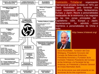 David Rockefeller, fundador del Club
Bildelgerg, Presidente Honorario del
Consejo de Relaciones Exteriores,
Presidente Honorario y Fundador de la
Comisión Trilateral, Presidente del Consejo
de las Américas y la Sociedad de las
Américas, ex Presidente y Director General
de Chase Manhattan Bank.
Uno de los pocos que está presente en las
reuniones de los tres organismos.
http://www.trilateral.org/
Comisión Trilateral  organización
internacional privada fundada en 1973, por
David Rockefeller para fomentar una
mayor cooperación entre Norteamérica,
Europa, y Japón. Reune a personalidades
destacadas de la economía y los negocios
de las tres zonas principales del
Capitalismo: USA, Europa y Japón.
Recientemente ha admitido como
miembros a personalidades de China e
India.
 