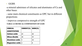 • GGBS
-a mineral admixture of silicates and aluminates of Ca and
other bases
- same main chemical constituents as OPC but in different
proportions
- improves compressive strength of GPC
TABLE 2-CHEMICAL COMPOSITION OF GGBS
CEMICAL
CONSTITUTION
CEMENT(%) GGBS(%)
Calcium oxide 65 40
Silicon dioxide 20 35
Aluminium oxide 5 10
Magnesium oxide 2 8
11
 