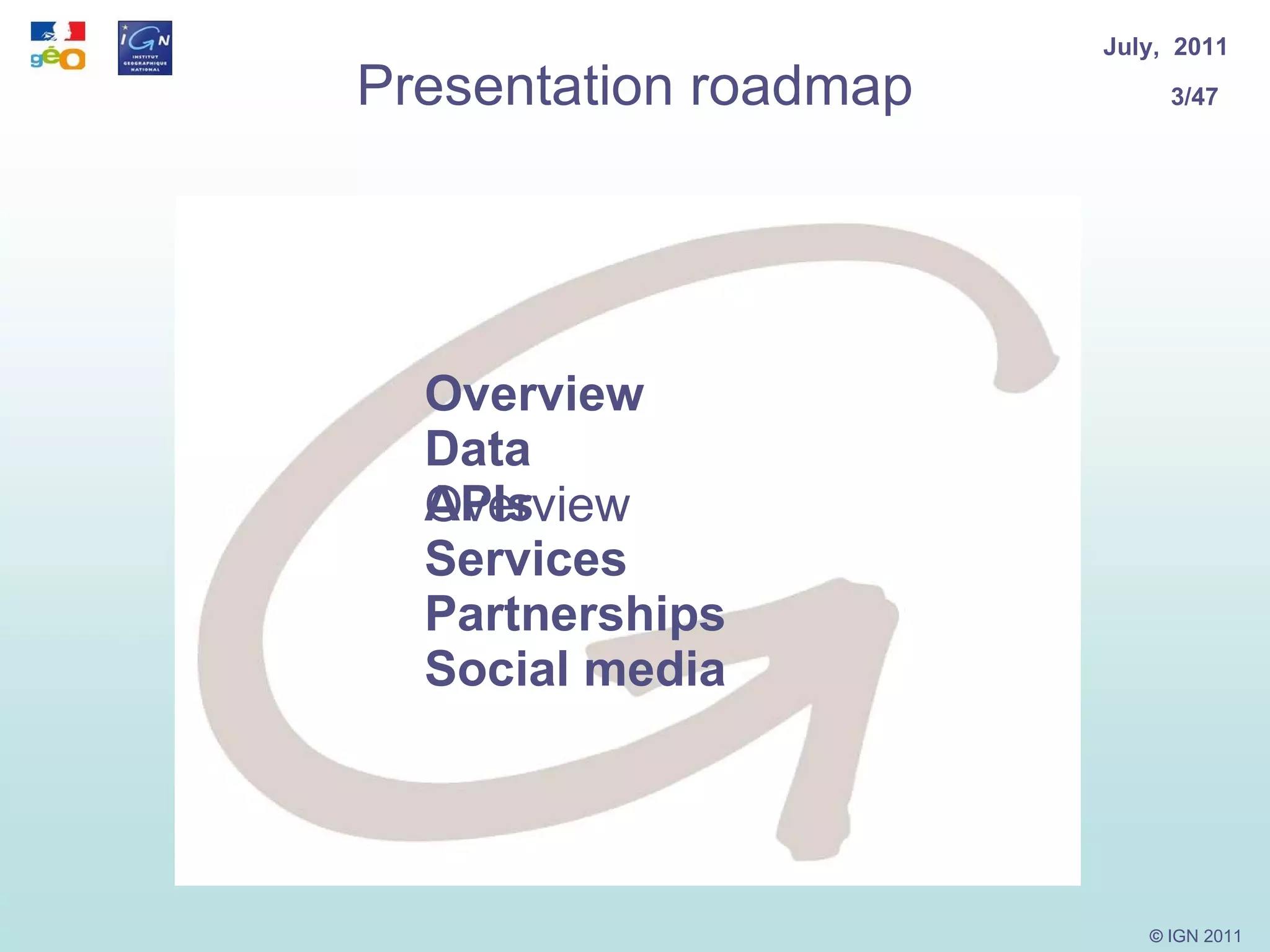 Overview Data APIs Services Partnerships Social media  Presentation roadmap Overview 