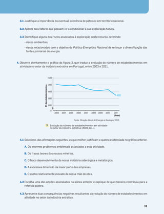 Terra no Espaço
31
3.1 Justiﬁque a importância da eventual existência de petróleo em território nacional.
3.2 Aponte dois fatores que possam vir a condicionar a sua exploração futura.
3.3 Identiﬁque alguns dos riscos associados à exploração deste recurso, referindo:
- riscos ambientais;
- riscos relacionados com o objetivo da Política Energética Nacional de reforçar a diversiﬁcação das
fontes primárias de energia.
4. Observe atentamente o gráﬁco da ﬁgura 3, que traduz a evolução do número de estabelecimentos em
atividade no setor da indústria extrativa em Portugal, entre 2003 e 2011.
4.1 Selecione, das aﬁrmações seguintes, as que melhor justiﬁcam a quebra evidenciada no gráﬁco anterior.
A. Os enormes problemas ambientais associados a esta atividade.
B. Os fracos teores dos nossos minérios.
C. O fraco desenvolvimento da nossa indústria siderúrgica e metalúrgica.
D. A excessiva dimensão da maior parte das empresas.
E. O custo relativamente elevado da nossa mão de obra.
4.2 Escolha uma das opções assinaladas na alínea anterior e explique de que maneira contribuiu para a
referida quebra.
4.3 Apresente duas consequências negativas resultantes da redução do número de estabelecimentos em
atividade no setor da indústria extrativa.
Evolução do número de estabelecimentos em atividade
no setor da indústria extrativa (2003-2011).
3
1200
1400
1000
800
600
0
2003 2004 2005 2006 2007
892
2008 2009 2010 2011
(Anos)
Nº
de
estabelecimentos
Fonte: Direção-Geral de Energia e Geologia, 2012.
 