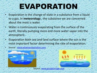 EVAPORATION
• Evaporation is the change of state in a substance from a liquid
to a gas. In meteorology , the substance we are concerned
about the most is water.
• Water is continuously evaporating from the surface of the
earth, literally pumping more and more water vapor into the
atmosphere.
• Evaporation both sea and land surface where the sun is the
most important factor determining the rate of evaporation.
• Source : www.whatisevaporation.com
Source: www.googleimage.com
 