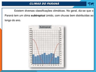 CLIMAS DO PARANÁ 
Existem diversas classificações climáticas. No geral, diz-se que o
Paraná tem um clima subtropical úmido, com chuvas bem distribuídas ao
longo do ano.
Subtropical
 
