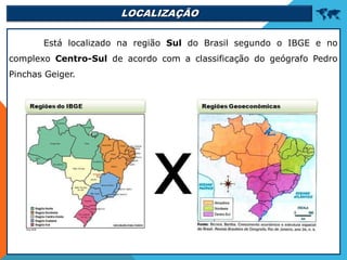 LOCALIZAÇÃO 
Está localizado na região Sul do Brasil segundo o IBGE e no
complexo Centro-Sul de acordo com a classificação do geógrafo Pedro
Pinchas Geiger.
 