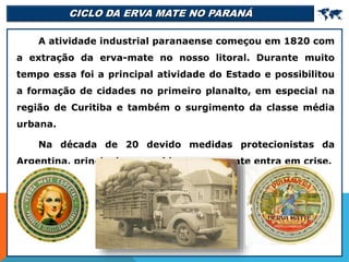 CICLO DA ERVA MATE NO PARANÁ 
A atividade industrial paranaense começou em 1820 com
a extração da erva-mate no nosso litoral. Durante muito
tempo essa foi a principal atividade do Estado e possibilitou
a formação de cidades no primeiro planalto, em especial na
região de Curitiba e também o surgimento da classe média
urbana.
Na década de 20 devido medidas protecionistas da
Argentina, principal consumidor, a erva mate entra em crise.
 