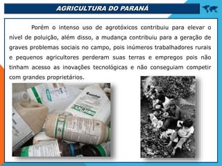 AGRICULTURA DO PARANÁ 
Porém o intenso uso de agrotóxicos contribuiu para elevar o
nível de poluição, além disso, a mudança contribuiu para a geração de
graves problemas sociais no campo, pois inúmeros trabalhadores rurais
e pequenos agricultores perderam suas terras e empregos pois não
tinham acesso as inovações tecnológicas e não conseguiam competir
com grandes proprietários.
 