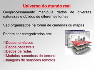 Universo do mundo real
Geoprocessamento manipula dados de diversas
naturezas e obtidos de diferentes fontes
São organizados na forma de camadas ou mapas
Podem ser categorizados em:
Dados temáticos
Dados cadastrais
Dados de redes
Modelos numéricos de terreno
Imagens de sensores remotos
 