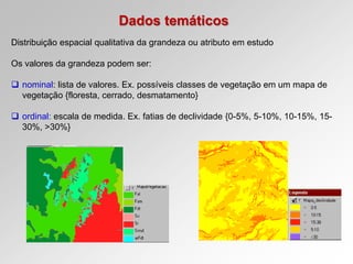 Dados temáticos
Distribuição espacial qualitativa da grandeza ou atributo em estudo
Os valores da grandeza podem ser:
 nominal: lista de valores. Ex. possíveis classes de vegetação em um mapa de
vegetação {floresta, cerrado, desmatamento}
 ordinal: escala de medida. Ex. fatias de declividade {0-5%, 5-10%, 10-15%, 15-
30%, >30%}
 