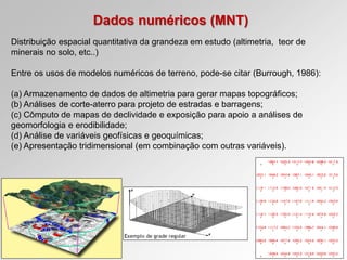 Dados numéricos (MNT)
Distribuição espacial quantitativa da grandeza em estudo (altimetria, teor de
minerais no solo, etc..)
Entre os usos de modelos numéricos de terreno, pode-se citar (Burrough, 1986):
(a) Armazenamento de dados de altimetria para gerar mapas topográficos;
(b) Análises de corte-aterro para projeto de estradas e barragens;
(c) Cômputo de mapas de declividade e exposição para apoio a análises de
geomorfologia e erodibilidade;
(d) Análise de variáveis geofísicas e geoquímicas;
(e) Apresentação tridimensional (em combinação com outras variáveis).
 