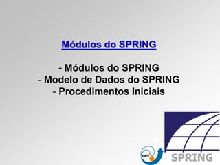 Módulos do SPRING
- Módulos do SPRING
- Modelo de Dados do SPRING
- Procedimentos Iniciais
 