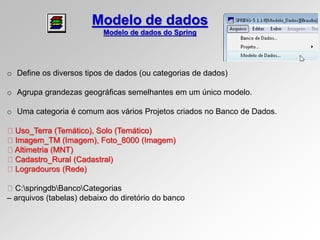 o Define os diversos tipos de dados (ou categorias de dados)
o Agrupa grandezas geográficas semelhantes em um único modelo.
o Uma categoria é comum aos vários Projetos criados no Banco de Dados.
Uso_Terra (Temático), Solo (Temático)
Imagem_TM (Imagem), Foto_8000 (Imagem)
Altimetria (MNT)
Cadastro_Rural (Cadastral)
Logradouros (Rede)
C:springdbBancoCategorias
– arquivos (tabelas) debaixo do diretório do banco
Modelo de dados
Modelo de dados do Spring
 