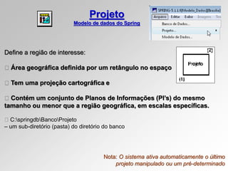 Define a região de interesse:
Área geográfica definida por um retângulo no espaço
Tem uma projeção cartográfica e
Contém um conjunto de Planos de Informações (PI’s) do mesmo
tamanho ou menor que a região geográfica, em escalas específicas.
C:springdbBancoProjeto
– um sub-diretório (pasta) do diretório do banco
Projeto
Modelo de dados do Spring
Nota: O sistema ativa automaticamente o último
projeto manipulado ou um pré-determinado
 