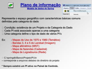 Representa o espaço geográfico com características básicas comuns
definidas pela categoria do dado
Condição: existência de um Projeto e da Categoria do Dado
Cada PI está associado apenas a uma categoria
Uma categoria define o tipo de dado de vários PI’s
Ex: - Mapas de Uso de 1970 e 1980 (Temático)
- Bandas 3, 4 e 5 do Landsat (Imagem)
- Mapa altimétrico (MNT)
- Mapa de fazendas (Cadastral)
- Mapa de Logradouros (Rede)
C:springdbBancoProjetoPI.lin
– corresponde a arquivos debaixo do diretório do projeto
* Sempre existirá um PI ativo no Painel de Controle.
Plano de informação
Modelo de dados do Spring
 