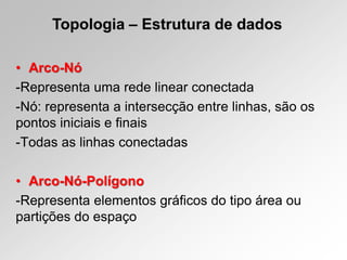 • Arco-Nó
-Representa uma rede linear conectada
-Nó: representa a intersecção entre linhas, são os
pontos iniciais e finais
-Todas as linhas conectadas
• Arco-Nó-Polígono
-Representa elementos gráficos do tipo área ou
partições do espaço
Topologia – Estrutura de dados
 