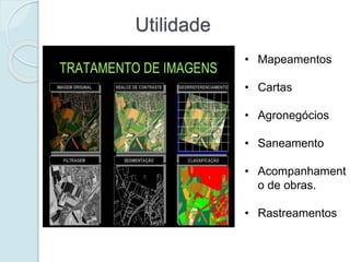 Utilidade
• Mapeamentos
• Cartas
• Agronegócios
• Saneamento
• Acompanhament
o de obras.
• Rastreamentos
 