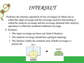 INTERSECT
Performs the intersect operation of two coverages of which one is
called the input coverage and the coverage used for intersecting is
called the analysis coverage and the coverage obtained after analysis
operation is called the resultant/combined coverage.
 Features:
• The input coverage can have any kind of features.
• The analysis coverage should have polygon topology
• The features within the common area of both coverages is
preserved.
 