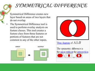 SYMMETRICAL DIFFERENCE
• Symmetrical Difference creates new
layer based on areas of two layers that
do not overlap.
• The Symmetrical Difference tool is
used to perform overlay analysis on
feature classes. This tool creates a
feature class from those features or
portions of features that are not
common to any of the other inputs.
 