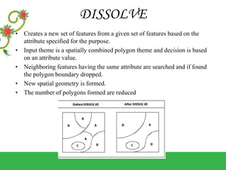 DISSOLVE
• Creates a new set of features from a given set of features based on the
attribute specified for the purpose.
• Input theme is a spatially combined polygon theme and decision is based
on an attribute value.
• Neighboring features having the same attribute are searched and if found
the polygon boundary dropped.
• New spatial geometry is formed.
• The number of polygons formed are reduced
 