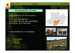 PSC I - Geografia do Amazonas   As Sub-Regiões do Estado do Amazonas



       D2) MICRORREGIÃO DO PURUS


Mesorregião do Sul Amazonense

Área: 187.372,899 km²
População: 69.516 hab. 2010/IBGE
Densidade: 0,37 hab./km²




 Está dividida em 3 municípios:



   • Canutama
   • Lábrea
   • Tapauá
 