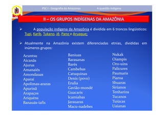 PSC I - Geografia do Amazonas     A questão Indígena


           II – OS GRUPOS INDÍGENAS DA AMAZÔNIA

      A população indígena da Amazônia é dividida em 6 troncos lingüisticos:
Tupi, Karib, Tukano, Jê, Pano e Aruaque;

Atualmente na Amazônia existem diferenciadas etnias, divididas em
inúmeros grupos:

Acuntsu                      Baniuas                   Nukak
Aicanãs                      Barasanas                 Oiampis
Ajurus                       Barés                     Oro-uins
Amanaiés                     Cambebas                  Palicures
Amondauas                    Catuquinas                Paumaris
Aparaí                       Denis (povo)              Piaroa
Apolimas-araras              Erulia                    Shuaras
Apurinã                      Gavião-mondé              Sirianos
Arapaços                     Guacaris                  Tenharins
Ariquéns                     Icamiabas                 Tucanos
Banauás-iafis                Jarauaras                 Tuiúcas
                             Macu-nadebes              Uaianas
 