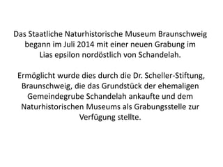 Das Staatliche Naturhistorische Museum Braunschweig
begann im Juli 2014 mit einer neuen Grabung im
Lias epsilon nordöstlic...