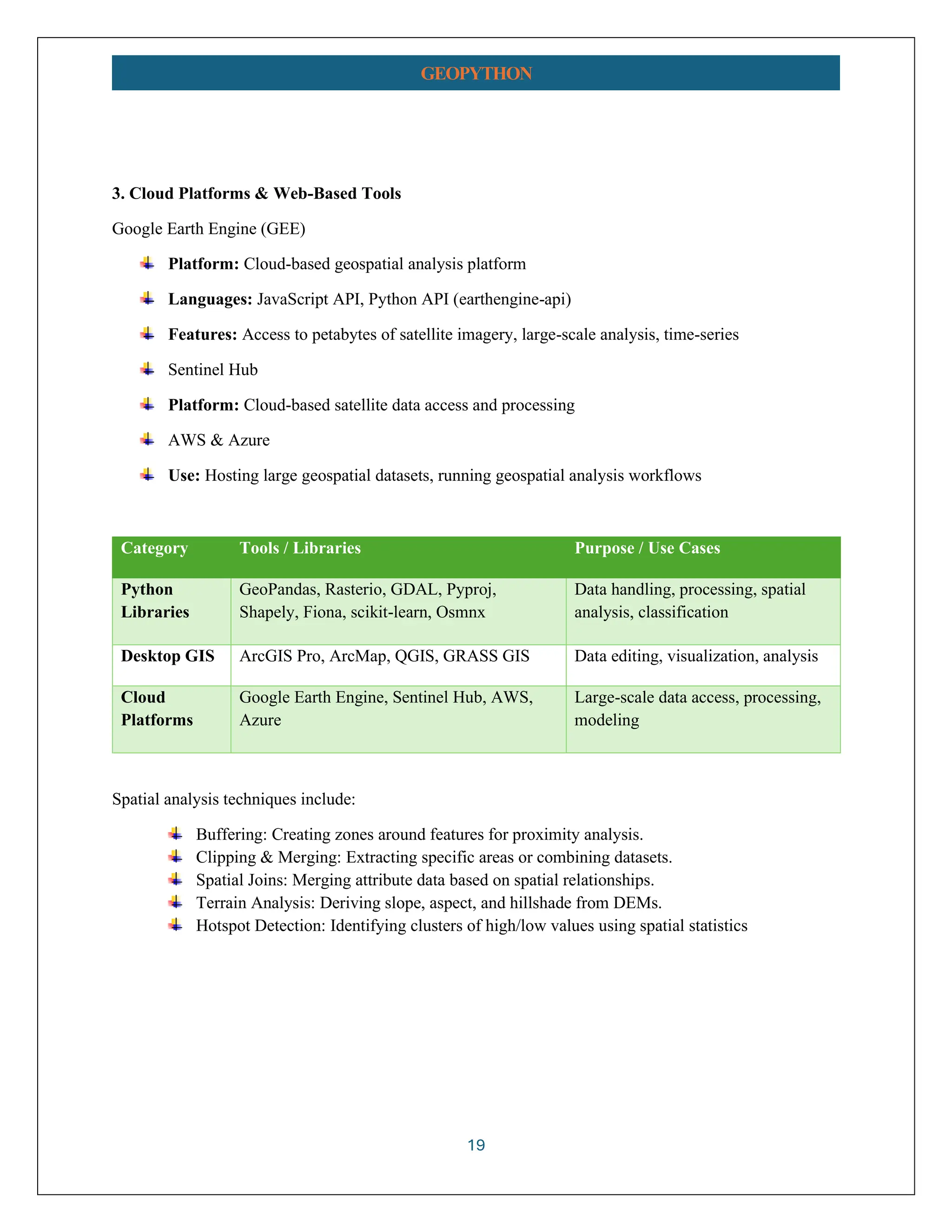 19 GEOPYTHON 3. Cloud Platforms & Web-Based Tools Google Earth Engine (GEE) Platform: Cloud-based geospatial analysis platform Languages: JavaScript API, Python API (earthengine-api) Features: Access to petabytes of satellite imagery, large-scale analysis, time-series Sentinel Hub Platform: Cloud-based satellite data access and processing AWS & Azure Use: Hosting large geospatial datasets, running geospatial analysis workflows Category Tools / Libraries Purpose / Use Cases Python Libraries GeoPandas, Rasterio, GDAL, Pyproj, Shapely, Fiona, scikit-learn, Osmnx Data handling, processing, spatial analysis, classification Desktop GIS ArcGIS Pro, ArcMap, QGIS, GRASS GIS Data editing, visualization, analysis Cloud Platforms Google Earth Engine, Sentinel Hub, AWS, Azure Large-scale data access, processing, modeling Spatial analysis techniques include: Buffering: Creating zones around features for proximity analysis. Clipping & Merging: Extracting specific areas or combining datasets. Spatial Joins: Merging attribute data based on spatial relationships. Terrain Analysis: Deriving slope, aspect, and hillshade from DEMs. Hotspot Detection: Identifying clusters of high/low values using spatial statistics 