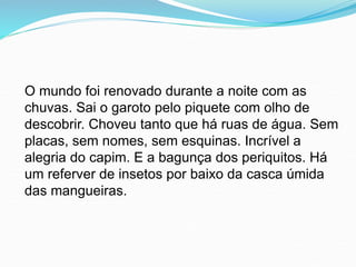 O mundo foi renovado durante a noite com as
chuvas. Sai o garoto pelo piquete com olho de
descobrir. Choveu tanto que há ruas de água. Sem
placas, sem nomes, sem esquinas. Incrível a
alegria do capim. E a bagunça dos periquitos. Há
um referver de insetos por baixo da casca úmida
das mangueiras.
 