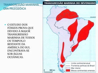 TRANSGRESSÃO MARINHA
ERA PALEOZÓICA
 O ESTUDO DOS
FÓSSEIS PROVA QUE
DEVIDO À MAIOR
TRANSGRESSÃO
MARINHA DE TODOS
OS TEMPOS,O
RESTANTE DA
AMÉRICA DO SUL
ENCONTRAVA-SE
SOB ÁGUAS
OCEÂNICAS.
 