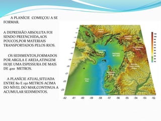 A PLANÍCIE COMEÇOU A SE
FORMAR.
A DEPRESSÃO ABSOLUTA FOI
SENDO PREENCHIDA,AOS
POUCOS,POR MATERIAIS
TRANSPORTADOS PELOS RIOS.
OS SEDIMENTOS,FORMADOS
POR ARGILA E AREIA,ATINGEM
HOJE UMA ESPESSURA DE MAIS
DE 400 METROS.
A PLANÍCIE ATUAL,SITUADA
ENTRE 80 E 150 METROS ACIMA
DO NÍVEL DO MAR,CONTINUA A
ACUMULAR SEDIMENTOS.
 