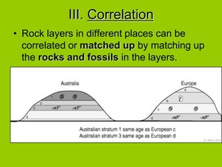 III. Correlation
• Rock layers in different places can be
correlated or matched up by matching up
the rocks and fossils in the layers.
 