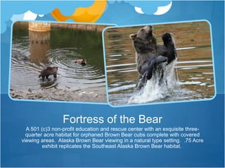 A 501 (c)3 non-profit education and rescue center with an exquisite three-
quarter acre habitat for orphaned Brown Bear cubs complete with covered
viewing areas. Alaska Brown Bear viewing in a natural type setting. .75 Acre
exhibit replicates the Southeast Alaska Brown Bear habitat.
Fortress of the Bear
 