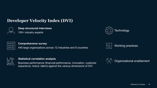 McKinsey & Company 18
Developer Velocity Index (DVI)
Technology
Deep structured interviews
100+ industry experts
Working practices
Comprehensive survey
440 large organizations across 12 industries and 9 countries
Organizational enablement
Statistical correlation analysis
Business performance (financial performance, innovation, customer
experience, brand, talent) against the various dimensions of DVI
 