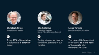 McKinsey & Company 5
Linus Torwald
Principal developer Linux Kernel
The value of Software is not
in the code, its in the head
of the people who
developed the code
Christoph Grote
SVP Electronics at BMW
Today 95% of innovation
in automotive is software
based
Olla Källenius
Chairman of the Board
Daimler AG and Mercedes-Benz AG
To stay relevant we have to
control the Software in our
vehicles
 