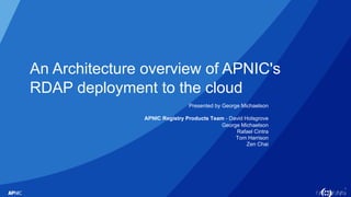 1
An Architecture overview of APNIC's
RDAP deployment to the cloud
Presented by George Michaelson
APNIC Registry Products Team - David Holsgrove
George Michaelson
Rafael Cintra
Tom Harrison
Zen Chai
 