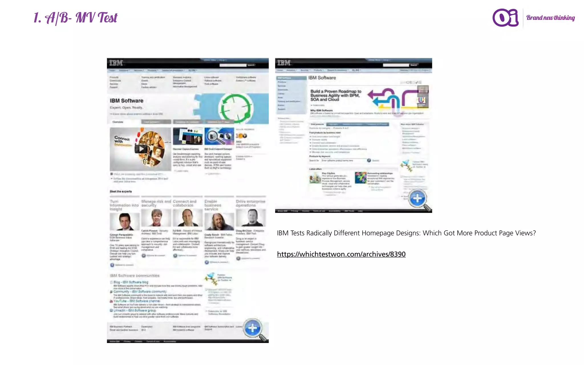 1. A/B- MV Test




                  IBM Tests Radically Different Homepage Designs: Which Got More Product Page Views?


                  https://whichtestwon.com/archives/8390
 