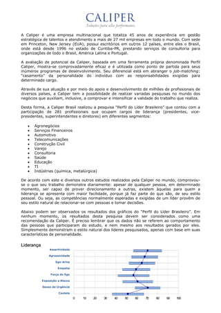 A Caliper é uma empresa multinacional que totaliza 45 anos de experiência em gestão
estratégica de talentos e atendimento a mais de 27 mil empresas em todo o mundo. Com sede
em Princeton, New Jersey (EUA), possui escritórios em outros 12 países, entre eles o Brasil,
onde está desde 1996 no estado de Curitiba-PR, prestando serviços de consultoria para
organizações de todo o Brasil, América Latina e Portugal.

A avaliação de potencial da Caliper, baseada em uma ferramenta própria denominada Perfil
Caliper, mostra-se comprovadamente eficaz e é utilizada como ponto de partida para seus
inúmeros programas de desenvolvimento. Seu diferencial está em abranger o job-matching:
“casamento” da personalidade do indivíduo com as responsabilidades exigidas para
determinado cargo.

Através de sua atuação e por meio do apoio e desenvolvimento de milhões de profissionais de
diversos países, a Caliper tem a possibilidade de realizar variadas pesquisas no mundo dos
negócios que auxiliam, inclusive, a comprovar e intensificar a validade do trabalho que realiza.

Desta forma, a Caliper Brasil realizou a pesquisa “Perfil do Líder Brasileiro” que contou com a
participação de 281 profissionais que ocupam cargos de liderança (presidentes, vice-
presidentes, superintendentes e diretores) em diferentes segmentos:

   •   Agronegócios
   •   Serviços Financeiros
   •   Automotivo
   •   Telecomunicações
   •   Construção Civil
   •   Varejo
   •   Consultoria
   •   Saúde
   •   Educação
   •   TI
   •   Indústrias (química, metalúrgica)

De acordo com este e diversos outros estudos realizados pela Caliper no mundo, comprovou-
se o que seu trabalho demonstra diariamente: apesar de qualquer pessoa, em determinado
momento, ser capaz de prover direcionamento a outras, existem àquelas para quem a
liderança se apresenta com maior facilidade, porque já faz parte do que são, de seu estilo
pessoal. Ou seja, as competências normalmente esperadas e exigidas de um líder provêm de
seu estilo natural de relacionar-se com pessoas e tomar decisões.

Abaixo podem ser observados os resultados dos gráficos do “Perfil do Líder Brasileiro”. Em
nenhum momento, os resultados desta pesquisa devem ser considerados como uma
recomendação da Caliper. É preciso lembrar que os dados não se referem ao comportamento
das pessoas que participaram do estudo, e nem mesmo aos resultados gerados por eles.
Simplesmente demonstram o estilo natural dos líderes pesquisados, apenas com base em suas
características de personalidade.

Liderança
                Assertividade

                Agressividade

                    Ego-drive

                      Empatia

                 Força do Ego

            Exposição a Riscos

            Senso de Urgência

                      Cautela
                                 0   10   20   30   40   50   60   70   80    90   100
 