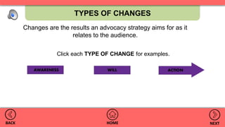 TYPES OF CHANGES
HOMEBACK NEXT
Changes are the results an advocacy strategy aims for as it
relates to the audience.
Click each TYPE OF CHANGE for examples.
 